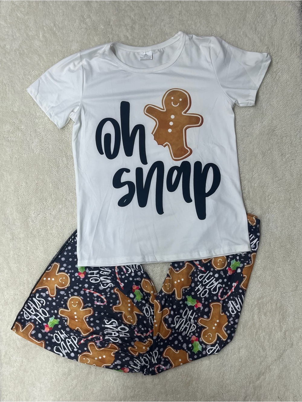 Oh Snap Kids Pant Set - White Top with Navy & Gingerbread Print Pants